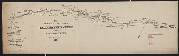 Karte von 1835: Älteste Darstellung der preußischen Telegraphenlinie zwischen Berlin und Koblenz (Staatsbibliothek zu Berlin Kart. N 1533)