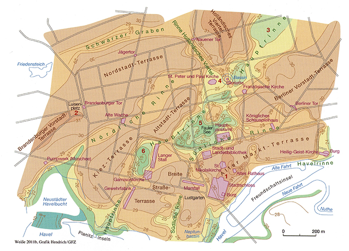 Generalisierte Höhenschichtenkarte der Potsdamer Innenstadt (aus WEIßE 2012: 79)