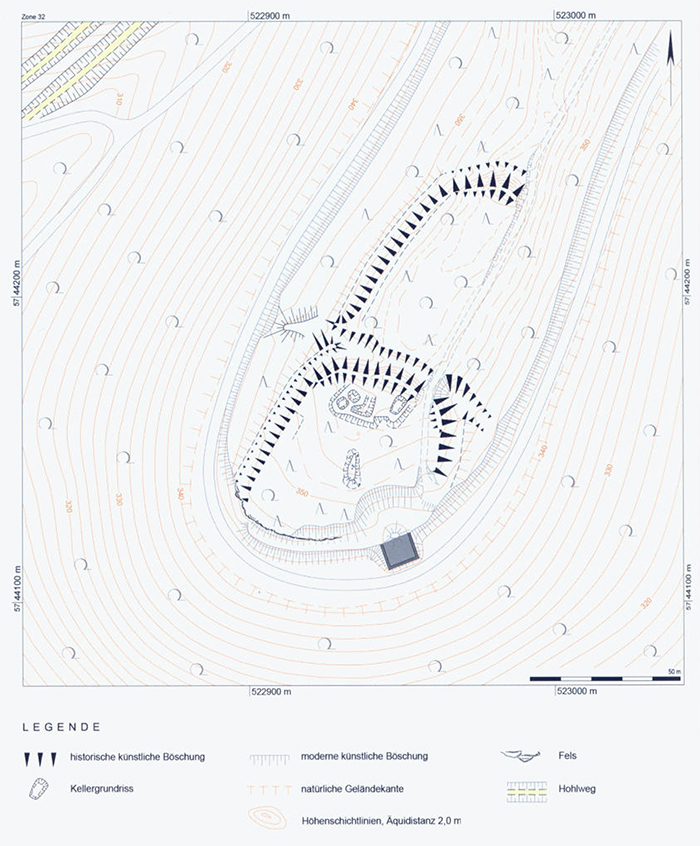 Aufnahme der mittelalterlichen Harzburg mit der 1833 an ihrem SW-Rand erbauten Station 29 (Graphik: Vermessungs- und Zeichenbüro Thede, © Stadtarchäologie Höxter, in: Koch & König 2017: Abb. 5)