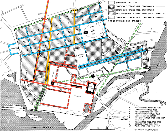 Stadtstruktur: Die Grundelemente der Innenstadt: (1) rot = WNW- und NNE-Elemente, (2) blau = WSW- und NNW-Elemente, (3) gelb = Pfingstbergfächer, (4) grün = Nebenelemente: (4.1) Kirchenachse, (4.2) südlicher Stadtkanal und (4.3) Hegelallee/Kurfürstenstraße (Karte: MIELKe 1998: 356, farbige Ergänzungen: M. MENNING 02/2017, Graphik: A. HENDRICH 04/2017).
