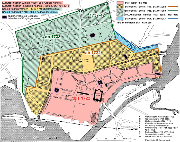 Potsdams Stadterweiterungen zwischen 1660 und 1753: Die Stadt entwickelte sich besonders rasch unter dem Soldatenkönig FW I., der sie 1721 zur Garnisonstadt machte (Karte: MIELKe 1998: 356, farbige Ergänzungen: M. MENNING 02/2017, Graphik: A. HENDRICH 04/2017).