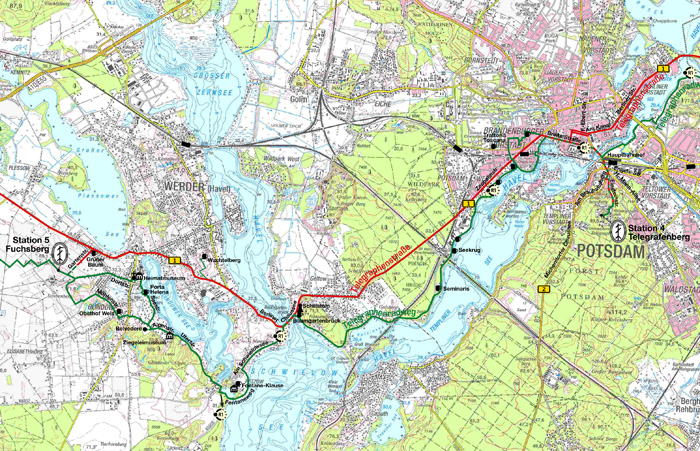 Von der Station 4 Potsdam zur Station 5 Glindow. Routenvorschlag: MM; Graphik: AH, © GeoBasis-DE/LBG 20_, GB – D 23/10, Datengrundlage: DTK 50 (2002), Dank an die Landesvermessung und Geobasisinformation Brandenburg (www.geobasis-bb.de) für die freundliche Unterstützung; Luftlinie: 12,2 km (P. SUKKAU 21.08.2009) 