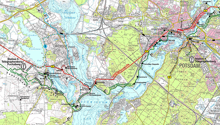 Von der Station 4 Potsdam zur Station 5 Glindow. Routenvorschlag: MM; Graphik: AH, © GeoBasis-DE/LBG 20_, GB – D 23/10, Datengrundlage: DTK 50 (2002), Dank an die Landesvermessung und Geobasisinformation Brandenburg (www.geobasis-bb.de) für die freundliche Unterstützung; Luftlinie: 12,2 km (P. SUKKAU 21.08.2009) 
