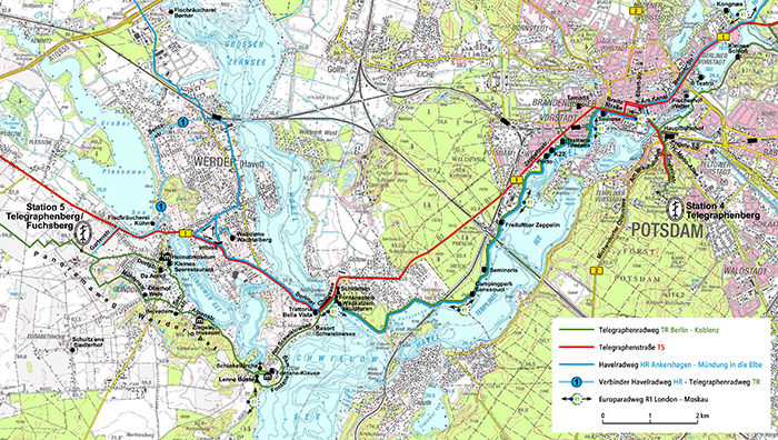 Von der Station 4 Potsdam zur Station 5 Glindow. Routenvorschlag: MM; Graphik: AH, © GeoBasis-DE/LBG 20_, GB – D 23/10, Datengrundlage: DTK 50 (2002), Dank an die Landesvermessung und Geobasisinformation Brandenburg (www.geobasis-bb.de) für die freundliche Unterstützung; Luftlinie: 12,2 km (P. SUKKAU 21.08.2009)
