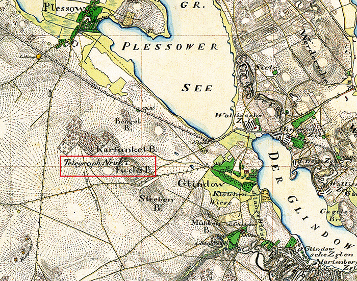 Preußische Kartenaufnahme 1:25 000 – Urmesstischblatt von 1839 (1998: Blatt-Nr. 3643 Werder (Havel) (Staatsbibliothek zu Berlin – Preußischer Kulturbesitz); Herausgegeben vom Landesvermessungsamt Brandenburg 1998 (Information: AS) mit dem „Telegraph Nro. V.“ westlich von Glindow auf dem Fuchsberg